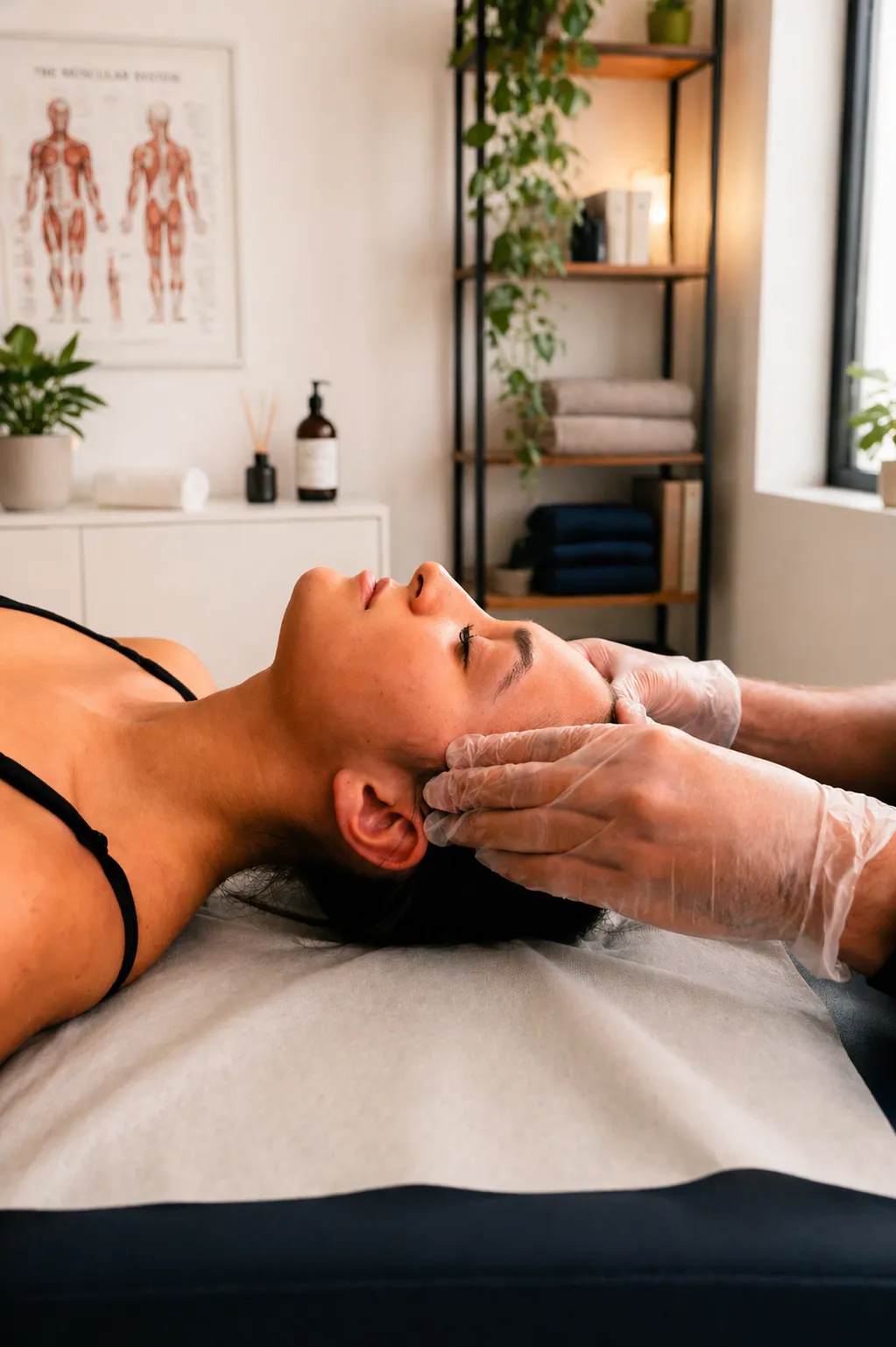 Eine Patientin erhält eine physiotherapeutische CMD-Behandlung am Kiefer.