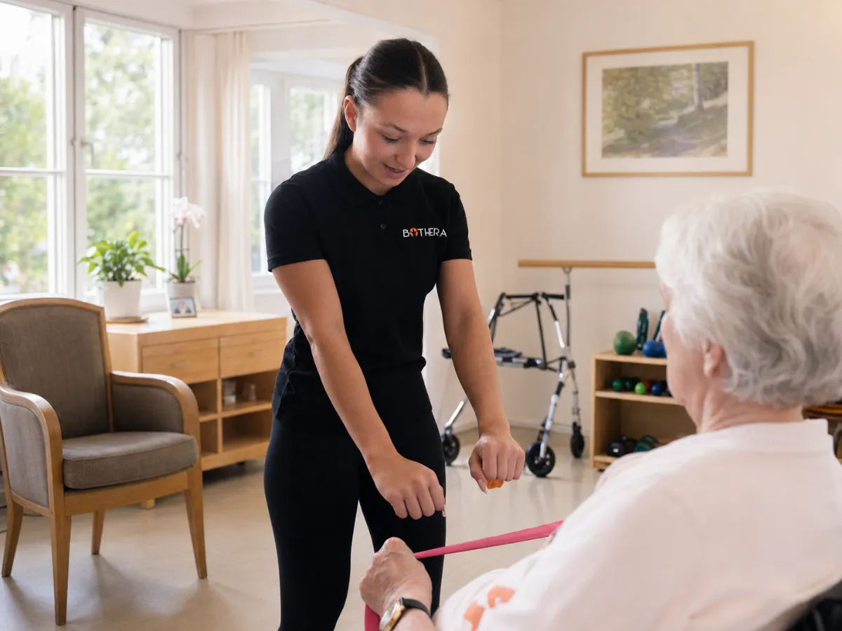 Physiotherapeutin unterstützt eine Seniorin im Rollstuhl bei Übungen mit einem Widerstandsband.